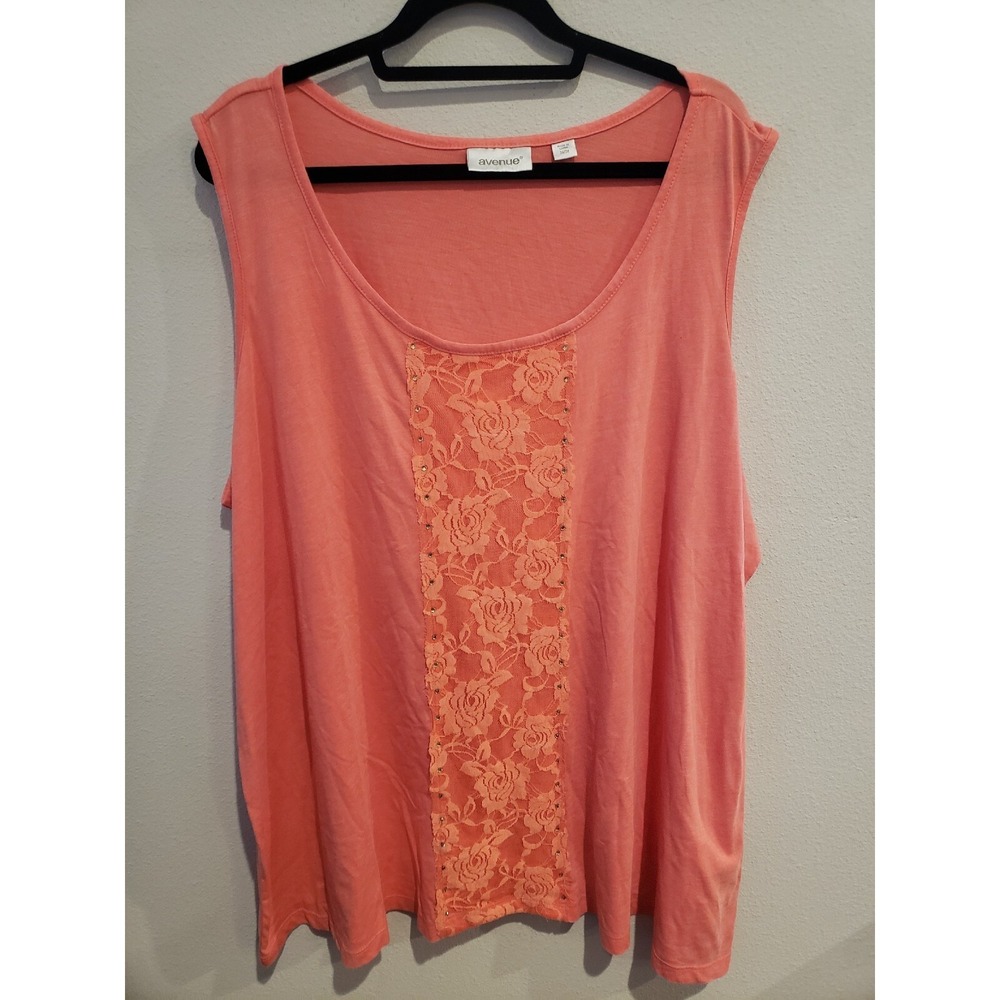 AVENUE Plus Size 26/28 Pink Sleeveless Tank Top, Lace Center, Rhinestones